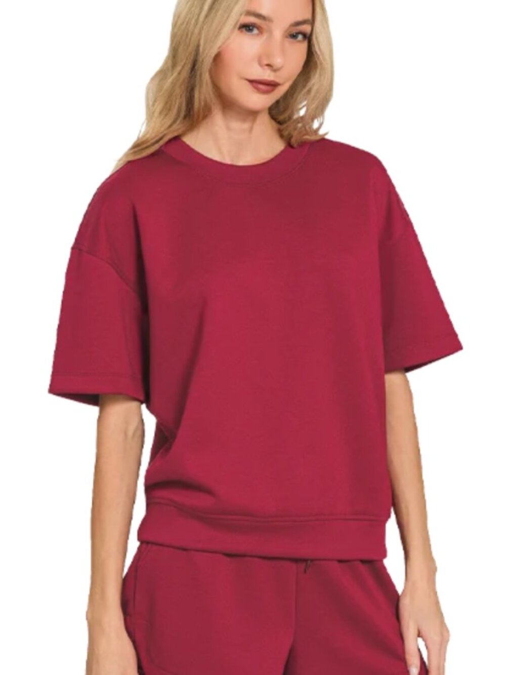 Zenana Scuba Top & Dolphin Shorts Set - Cabernet Size Small